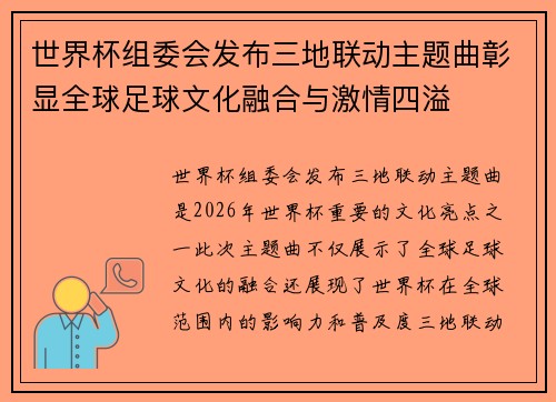 世界杯组委会发布三地联动主题曲彰显全球足球文化融合与激情四溢 世界杯组委会发布三地联动主题曲彰显全球足球文化融合与激情四溢